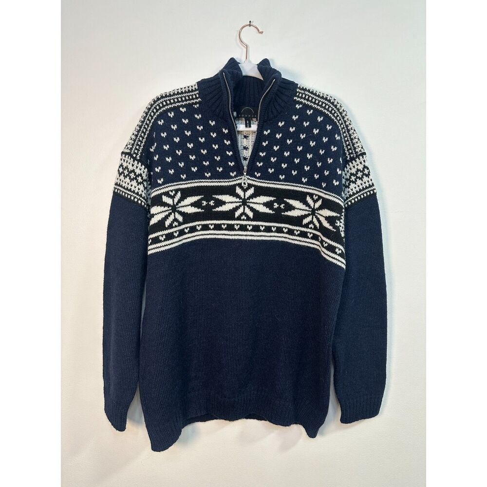 Bogner Nordic Fair Isle Alpaca Wool Blend Quarter Zip Ski Sweater Navy Large L